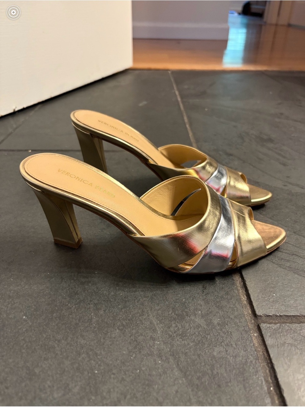 Veronica Beard Gold and Silver Crossover Slide Heels